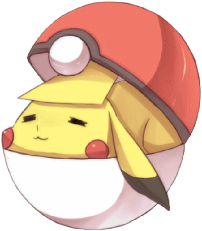 The Pokemon Pikachu sitting in a Pokeball, looking cute